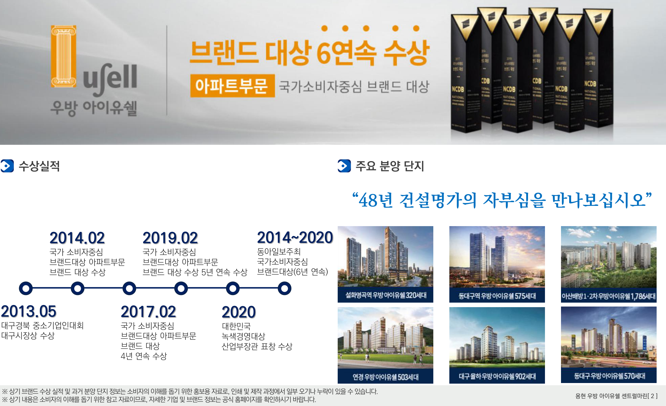 우방 아이유쉘 - 국가소비자중심 브랜드 대상 아파트부문 6년 연속 수상, 48년 건설명가