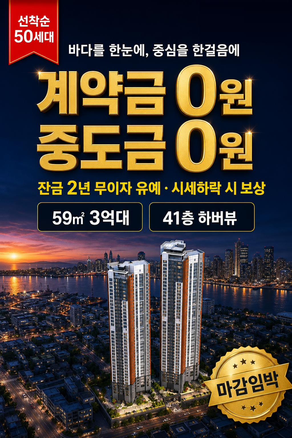 용현 우방 아이유쉘 센트럴마린 — 계약금 0원 중도금 0원, 선착순 50세대 마감임박, 59㎡ 3억대, 41층 하버뷰, 잔금 2년 무이자 유예, 시세하락 시 보상