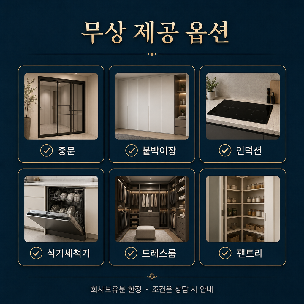 무상 제공 옵션 — 중문·붙박이장·인덕션·식기세척기·드레스룸·팬트리